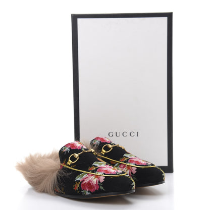Gucci Velvet Fur Floral Womens Princetown Slippers 37 Black 8 of 8