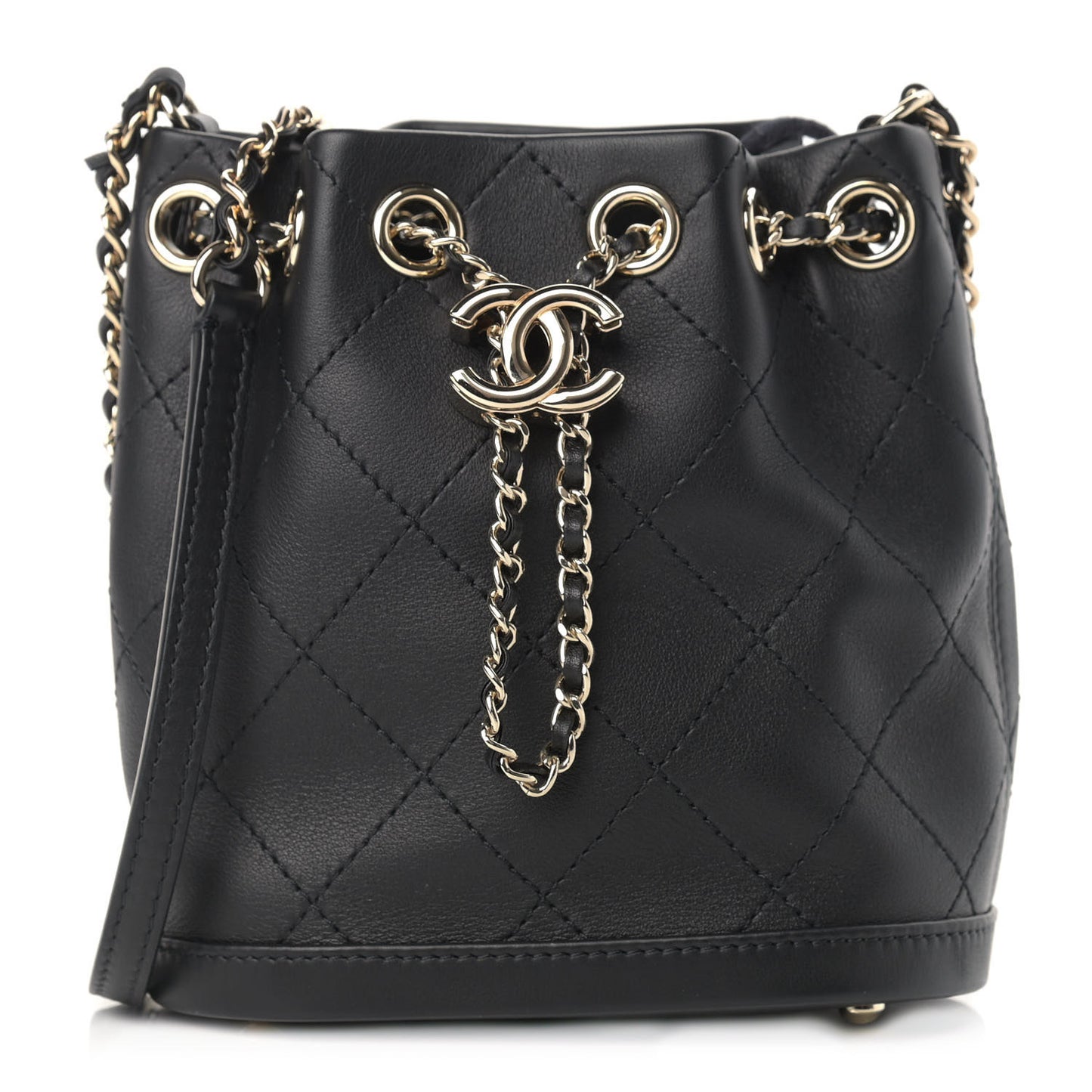 Calfskin Stitched Chain Bucket Bag Black