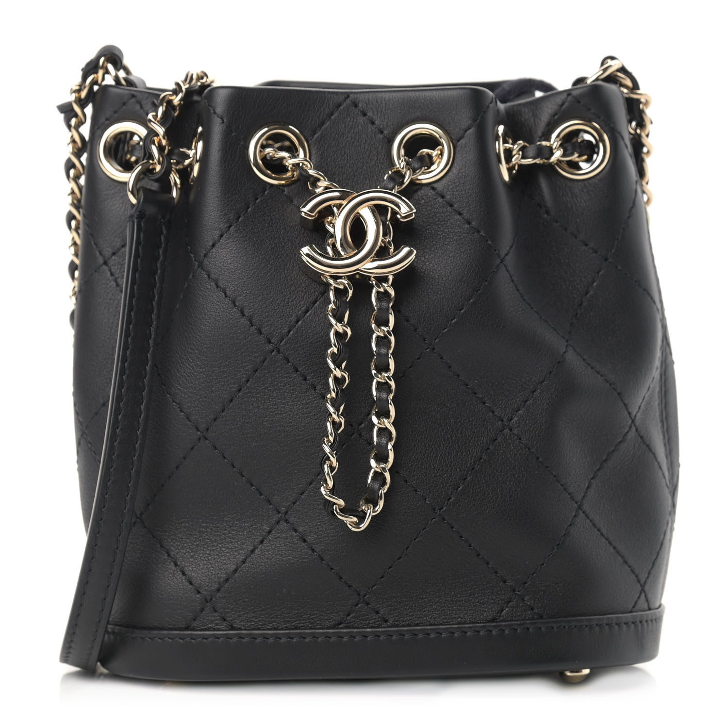 Chanel Calfskin Stitched Chain Bucket Bag Black 1 of 10
