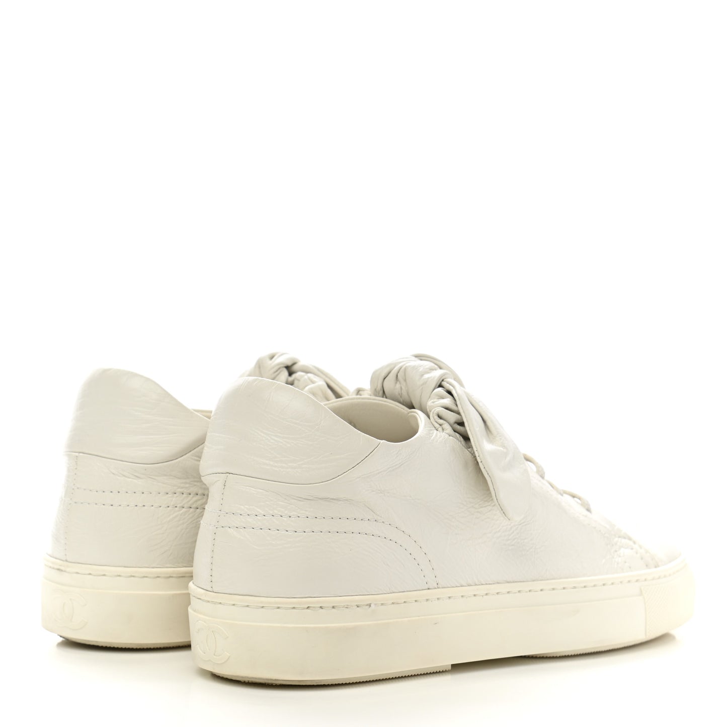 Crumpled Calfskin Womens CC Bow Sneakers 37.5 White