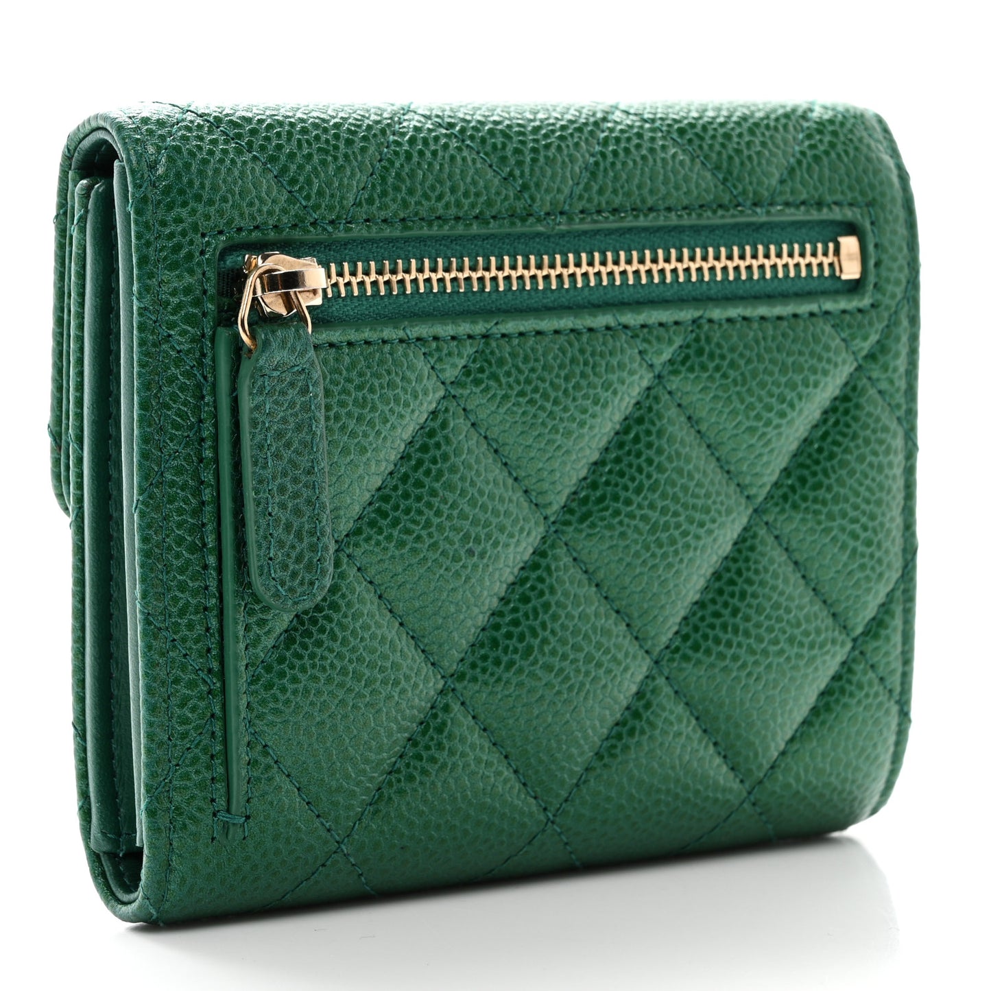 Metallic Caviar Quilted Compact Flap Wallet Green