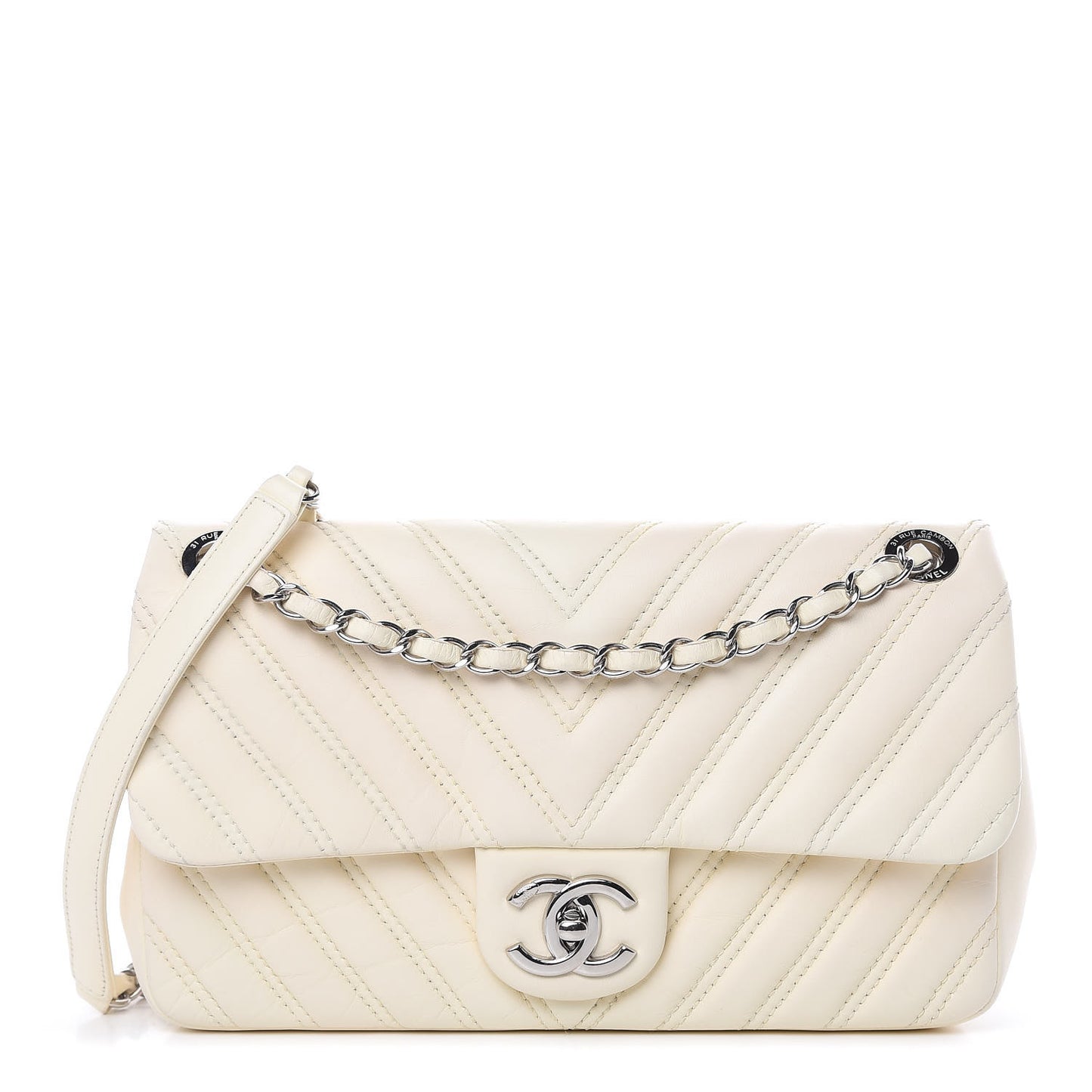 Lambskin Chevron Double Stitch Medium Single Flap White