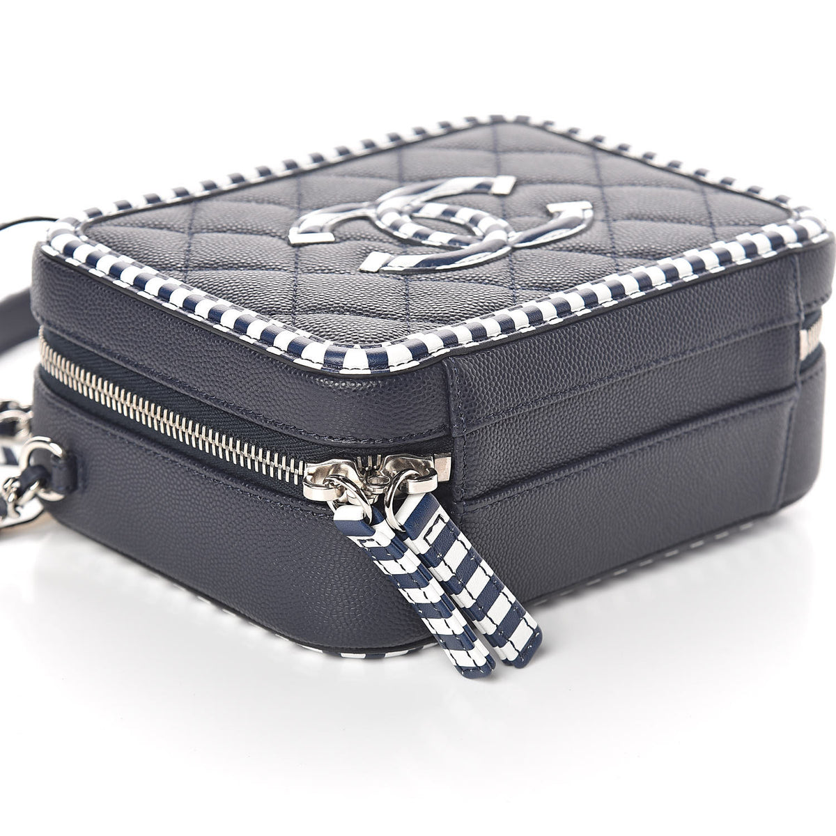 Chanel Caviar Quilted Striped Small CC Filigree Vanity Case Navy White 8 of 9