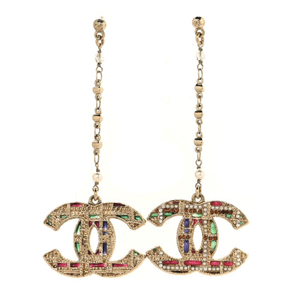 Chanel Pearl Crystal CC Tweed Drop Earrings Gold Brown Green 1 of 4