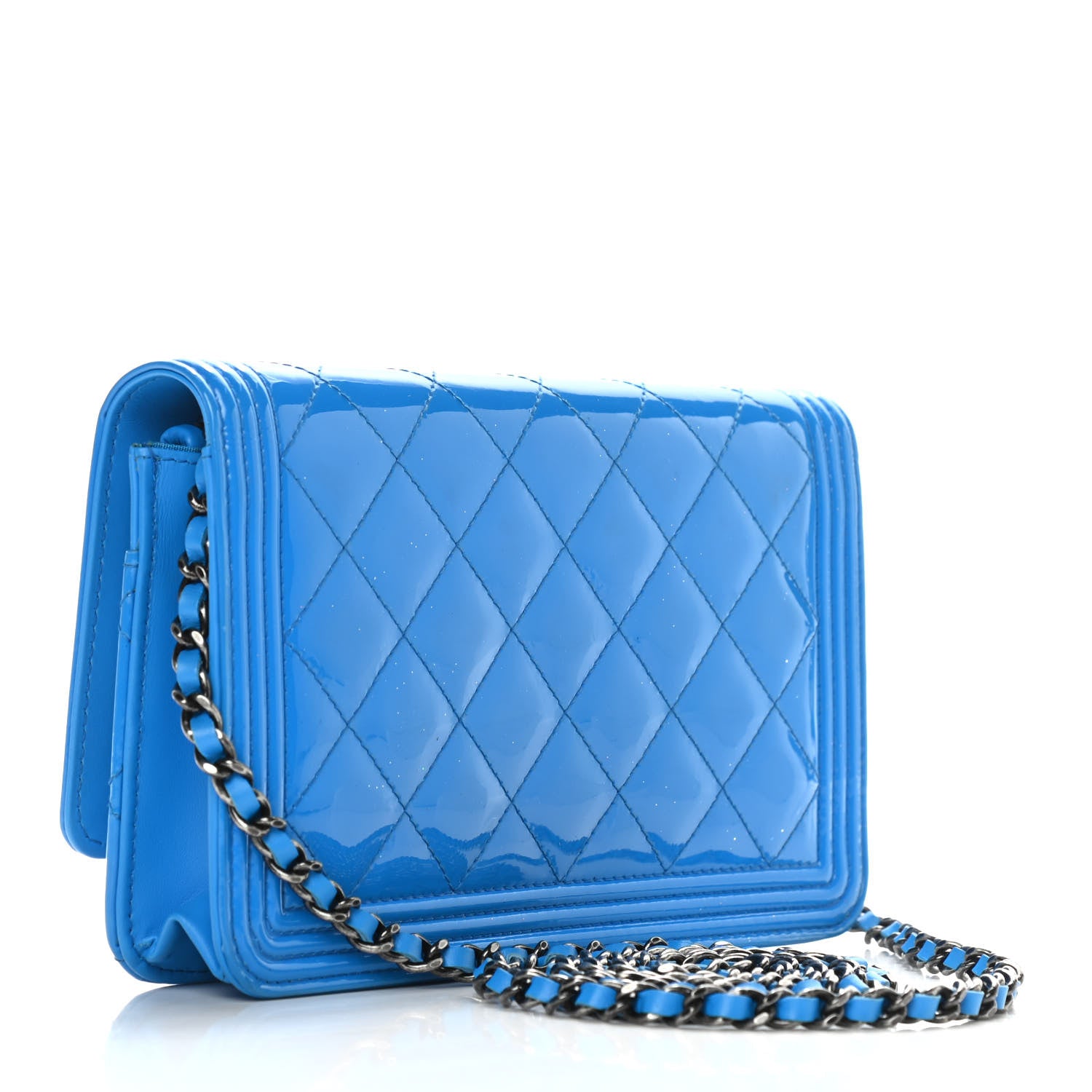 Chanel Patent Calfskin Quilted Boy Wallet On Chain WOC Blue 2 of 9