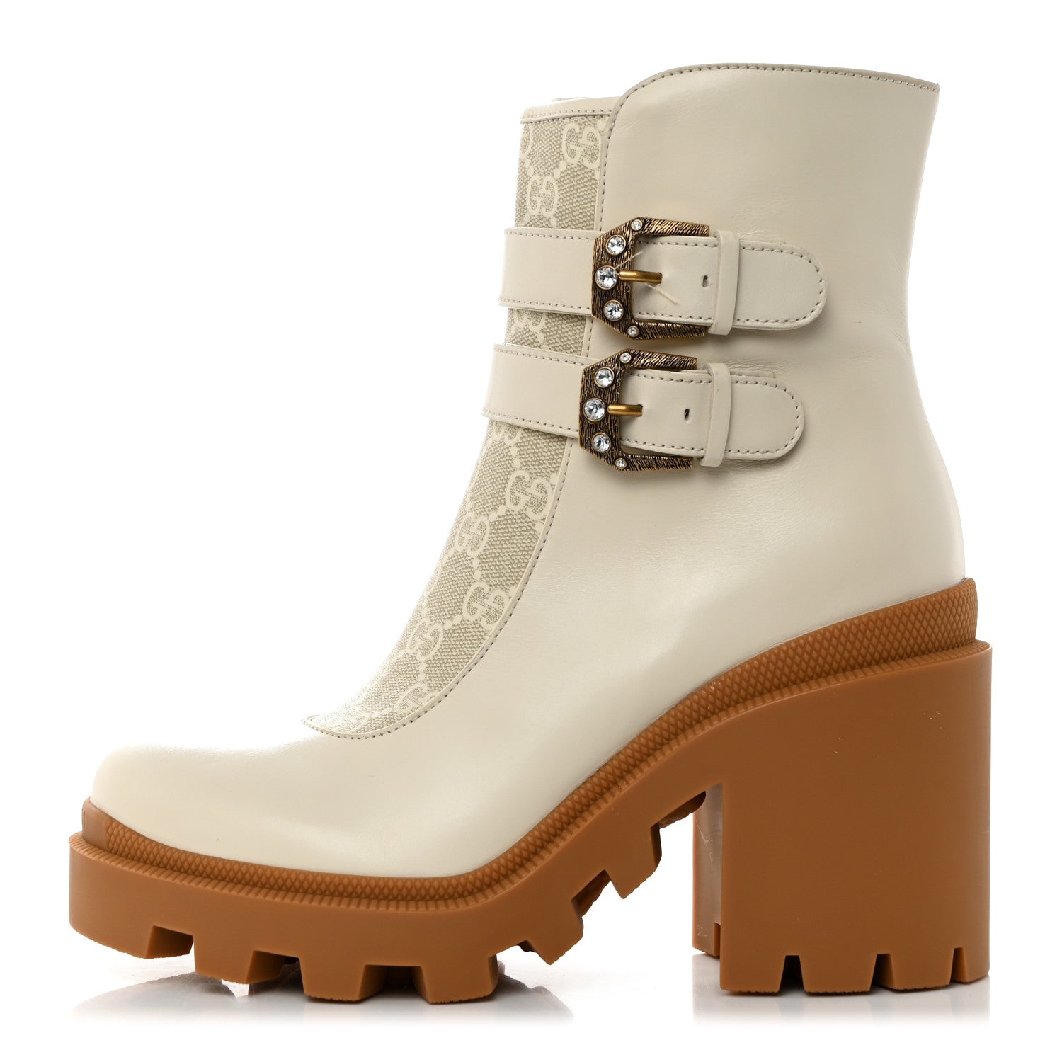Gucci Kensington Calfskin Nappa GG Supreme Monogram Womens Double Buckle Ankle Boots 38 Mystic White Beige 1 of 9