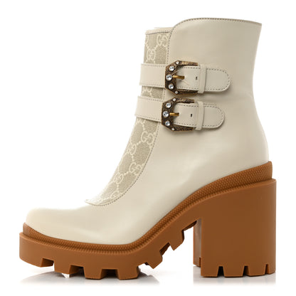Gucci Kensington Calfskin Nappa GG Supreme Monogram Womens Double Buckle Ankle Boots 38 Mystic White Beige 1 of 9