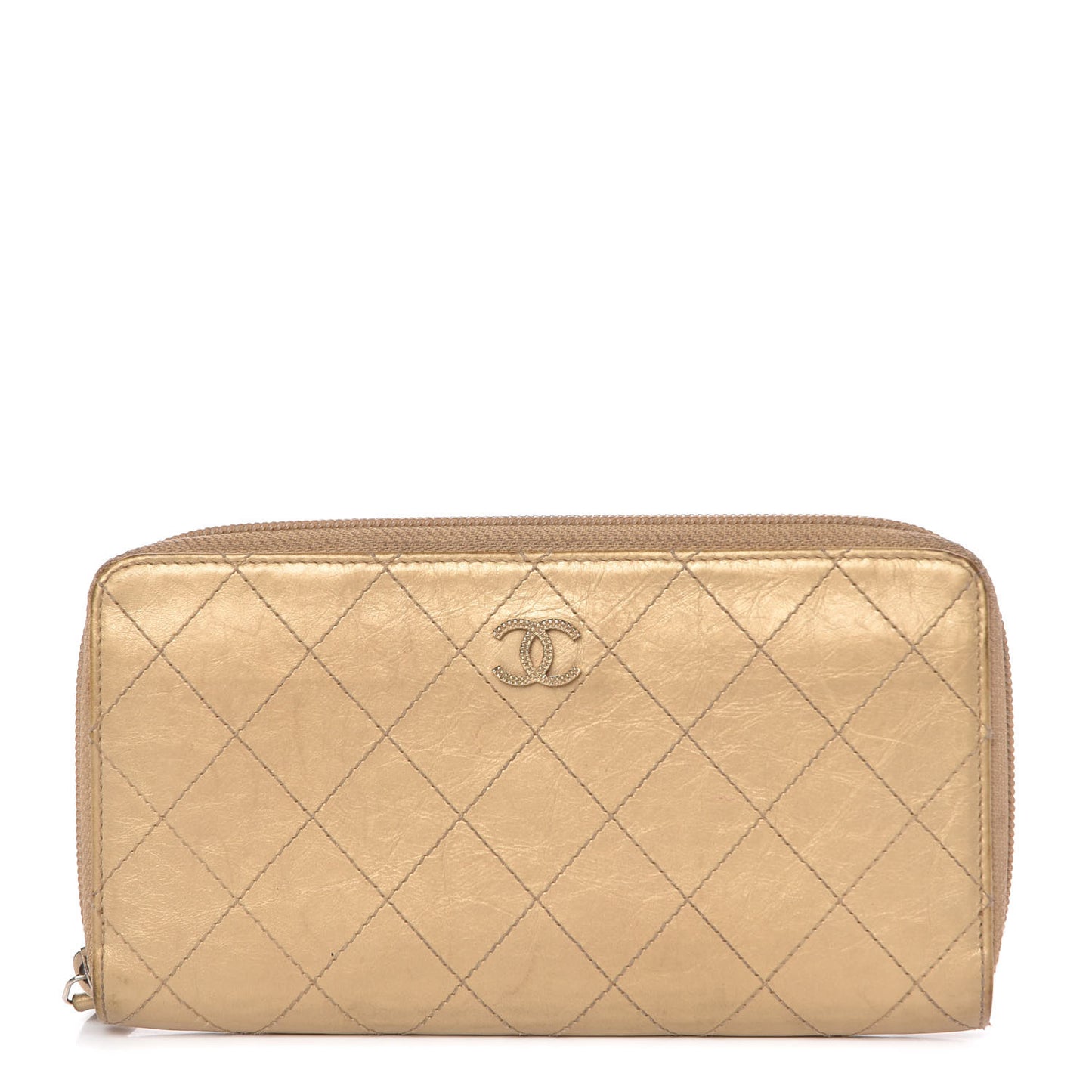 Metallic Aged Calfskin Quilted Palette Large Gusset Zip Around Wallet Gold