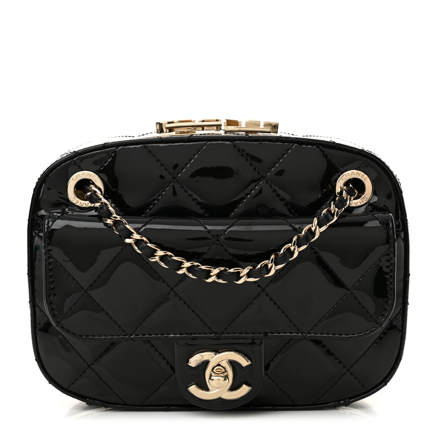Patent Calfskin Quilted Mini Camera Case Black