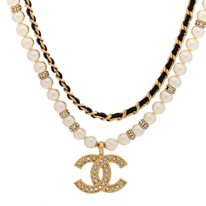 Chanel Lambskin Pearl Crystal CC Short Double Strand Necklace Gold White Black 1 of 4