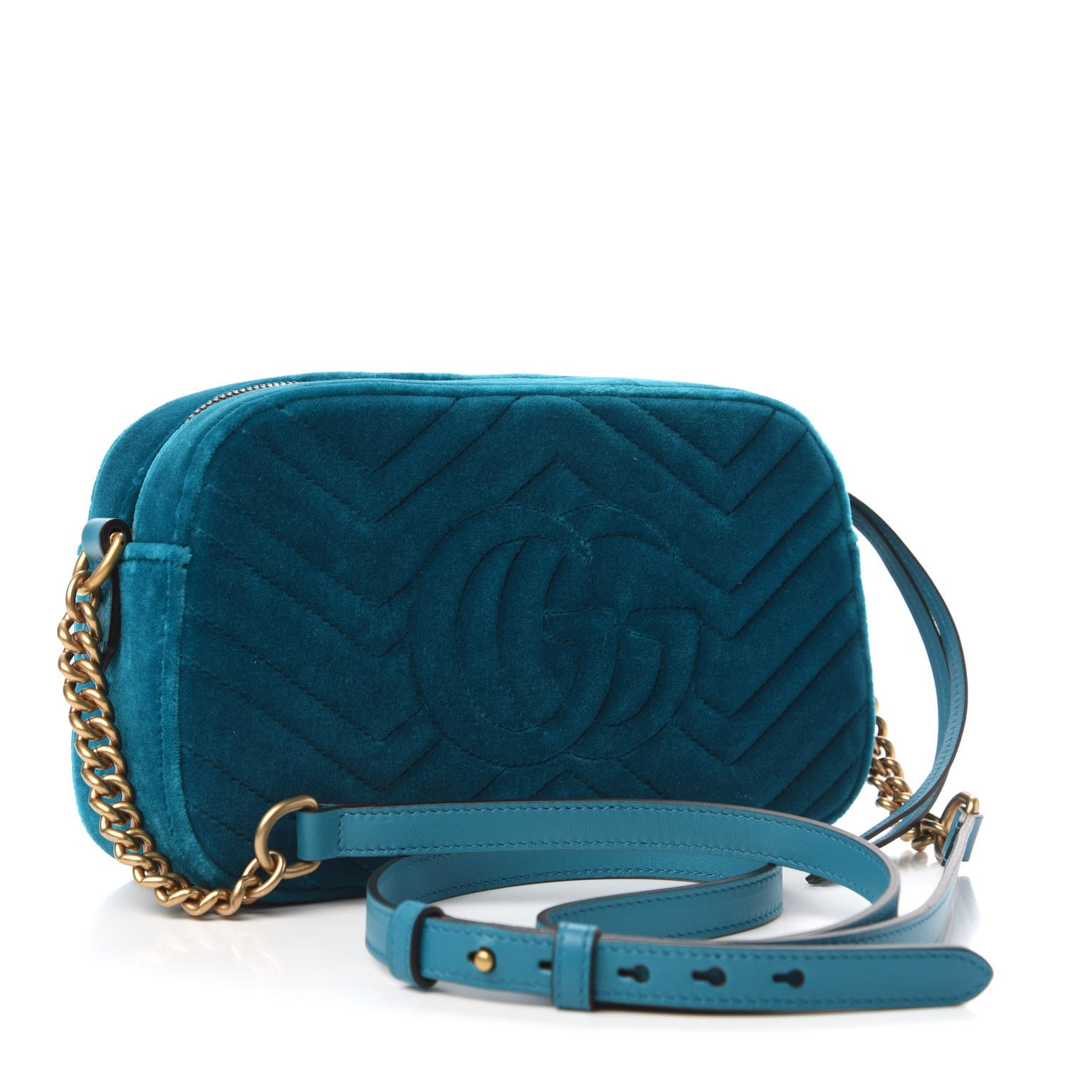 Gucci Velvet Matelasse Small GG Marmont Chain Shoulder Bag Pavone Cyan 3 of 10