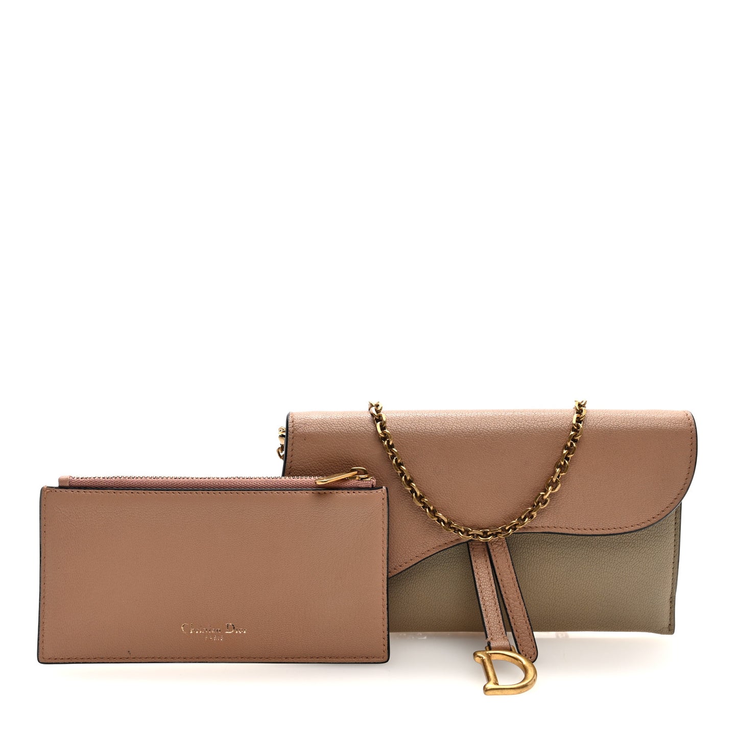 Grained Calfskin Saddle Chain Wallet Pouch Beige Taupe