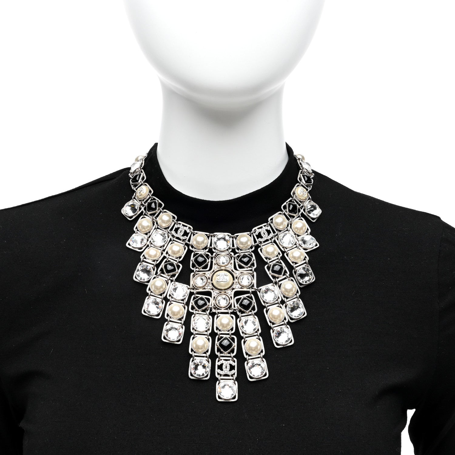 Chanel Crystal Pearl Resin CC Necklace Silver Black 2 of 5