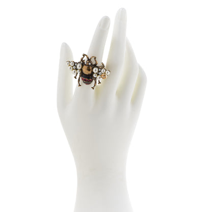 Gucci Metal Crystal Pearl Bee Ring M Aged Gold 2 of 4