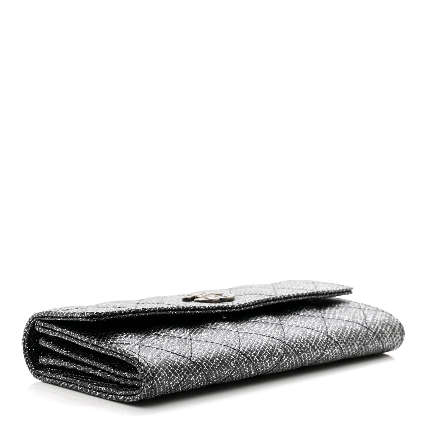 Glittered Calfskin Quilted Large Gusset Flap Wallet Dark Grey