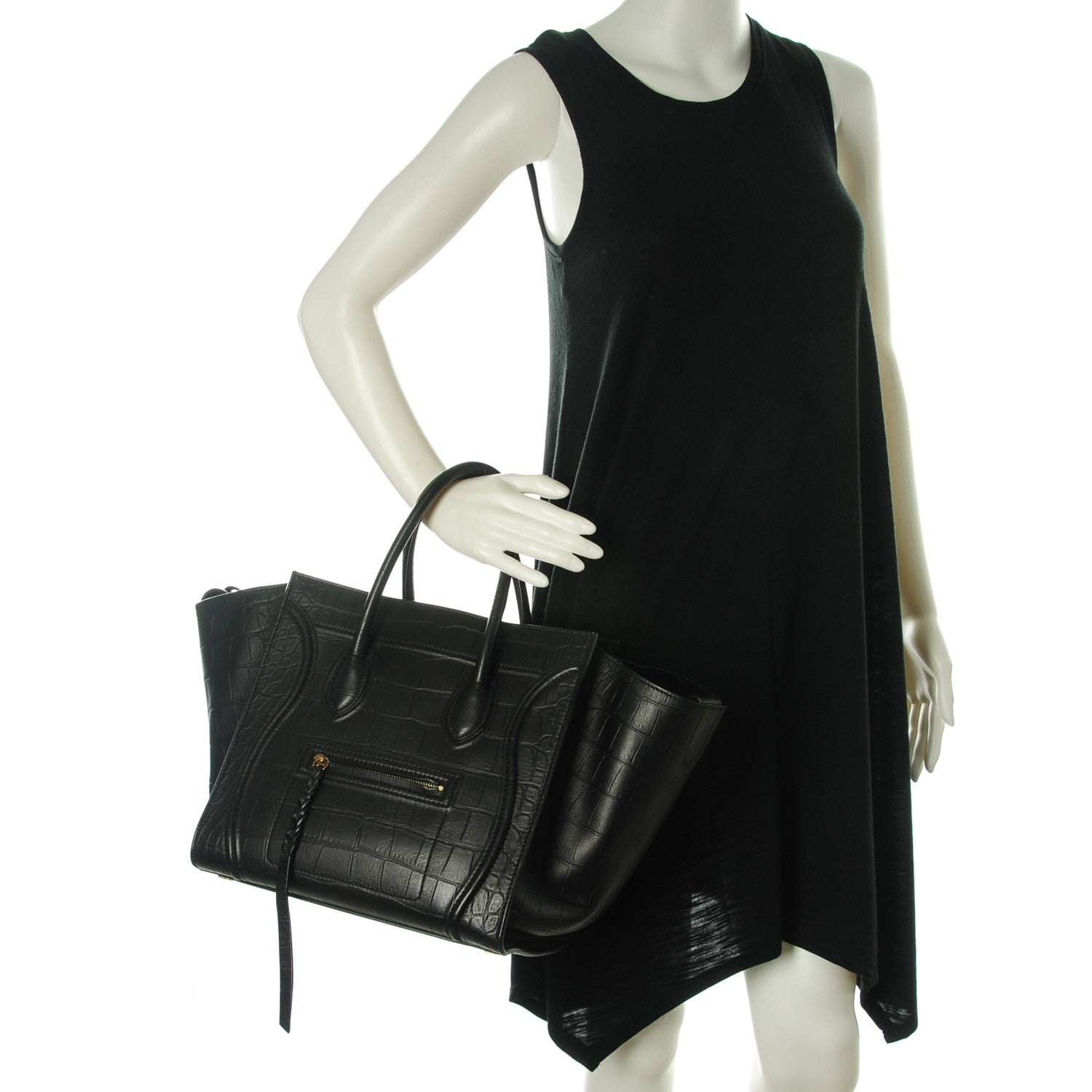Celine Crocodile Embossed Calfskin Medium Phantom Luggage Black 2 of 8
