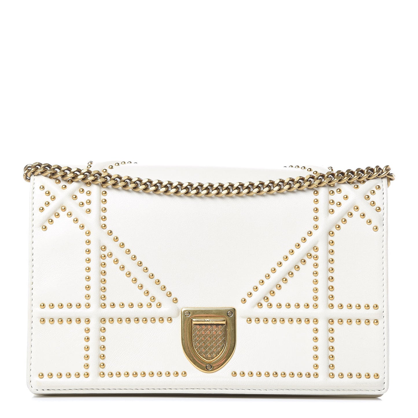 Calfskin Studded Diorama Wallet on Chain Pouch Off White