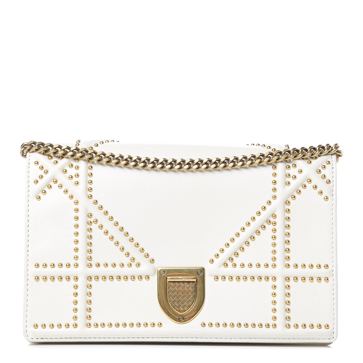 Christian Dior Calfskin Studded Diorama Wallet on Chain Pouch Off White 1 of 12