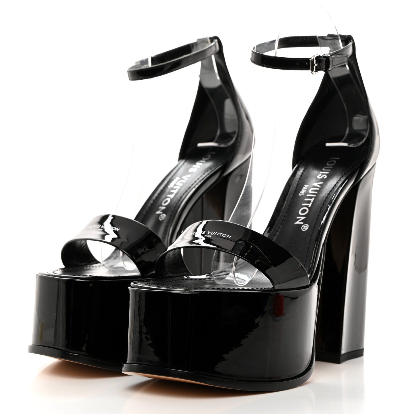 LOUIS VUITTON Patent Calfskin Fame Platform Sandal 37.5 Black