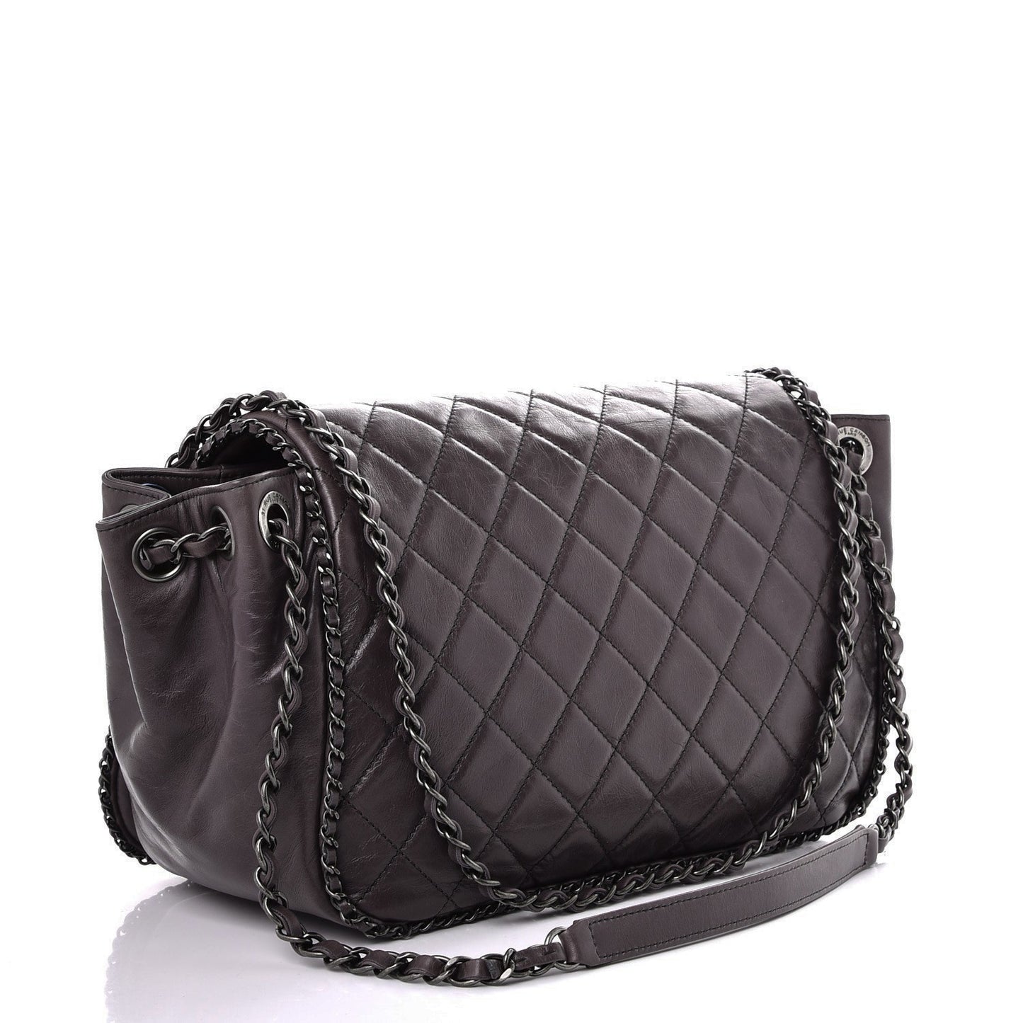 Calfskin Quilted Large CC Enchained Accordion Flap Grey