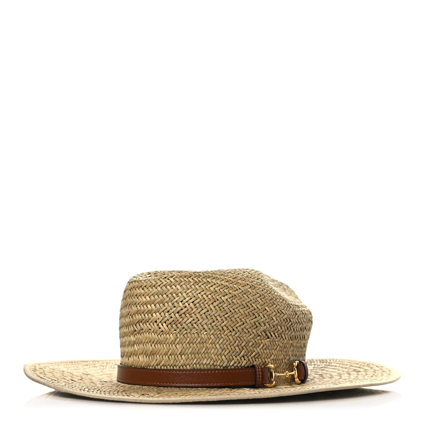 Gucci Straw Fabric Calfskin Horsebit Hat M Beige Dark Brown 1 of 9