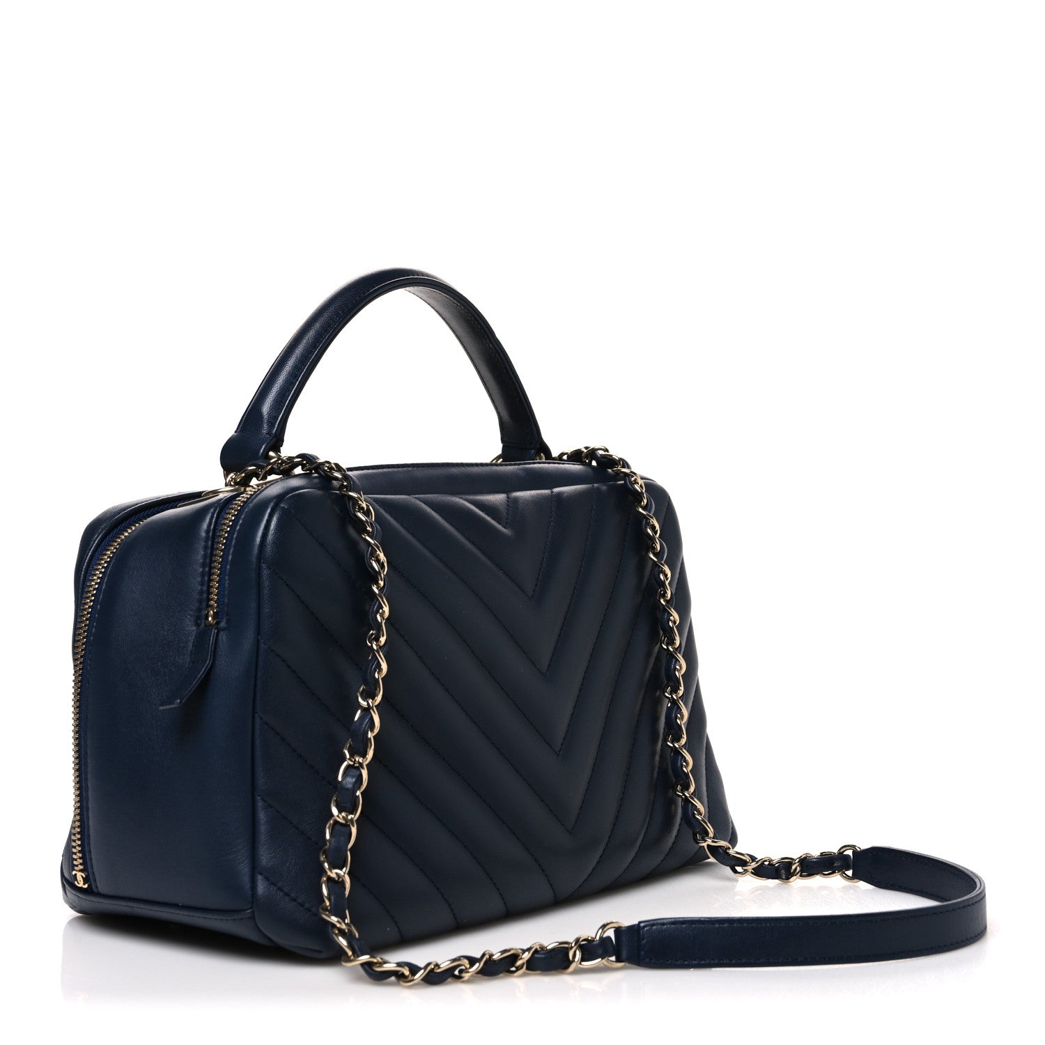 Chanel Lambskin Chevron Quilted Small Trendy CC Bowling Bag Navy Blue 3 of 10