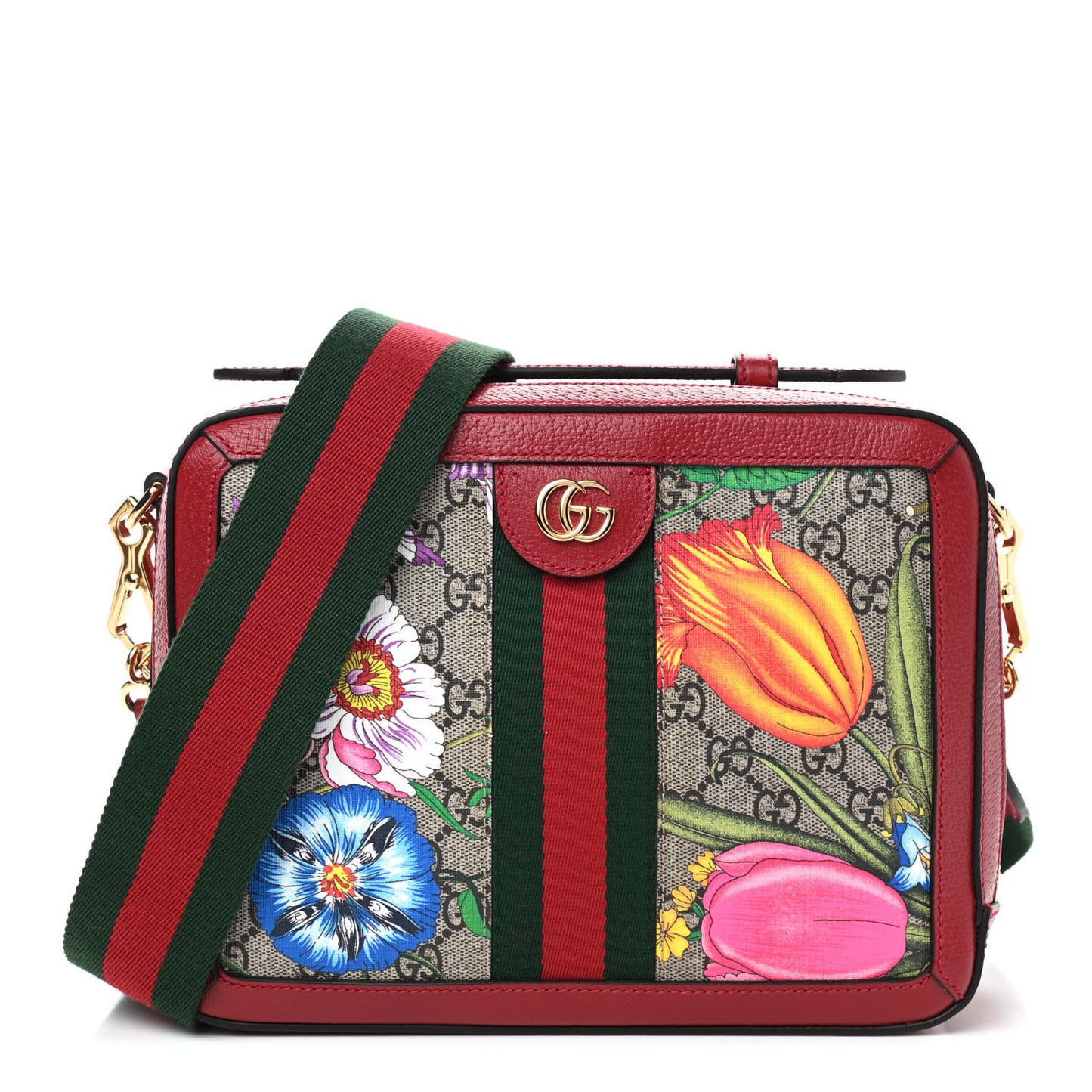 GG Supreme Monogram Flora Web Small Ophidia Top Handle Shoulder Bag Hibiscus Red