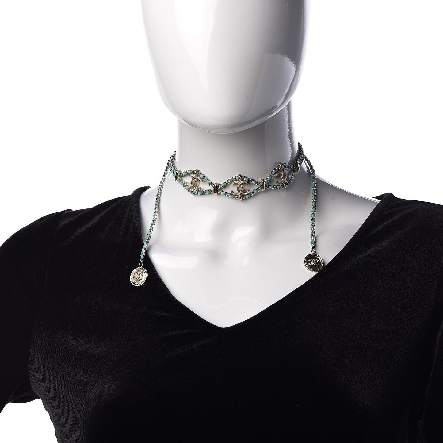 Metal Lambskin CC Chain Link Necklace Gold Turquoise