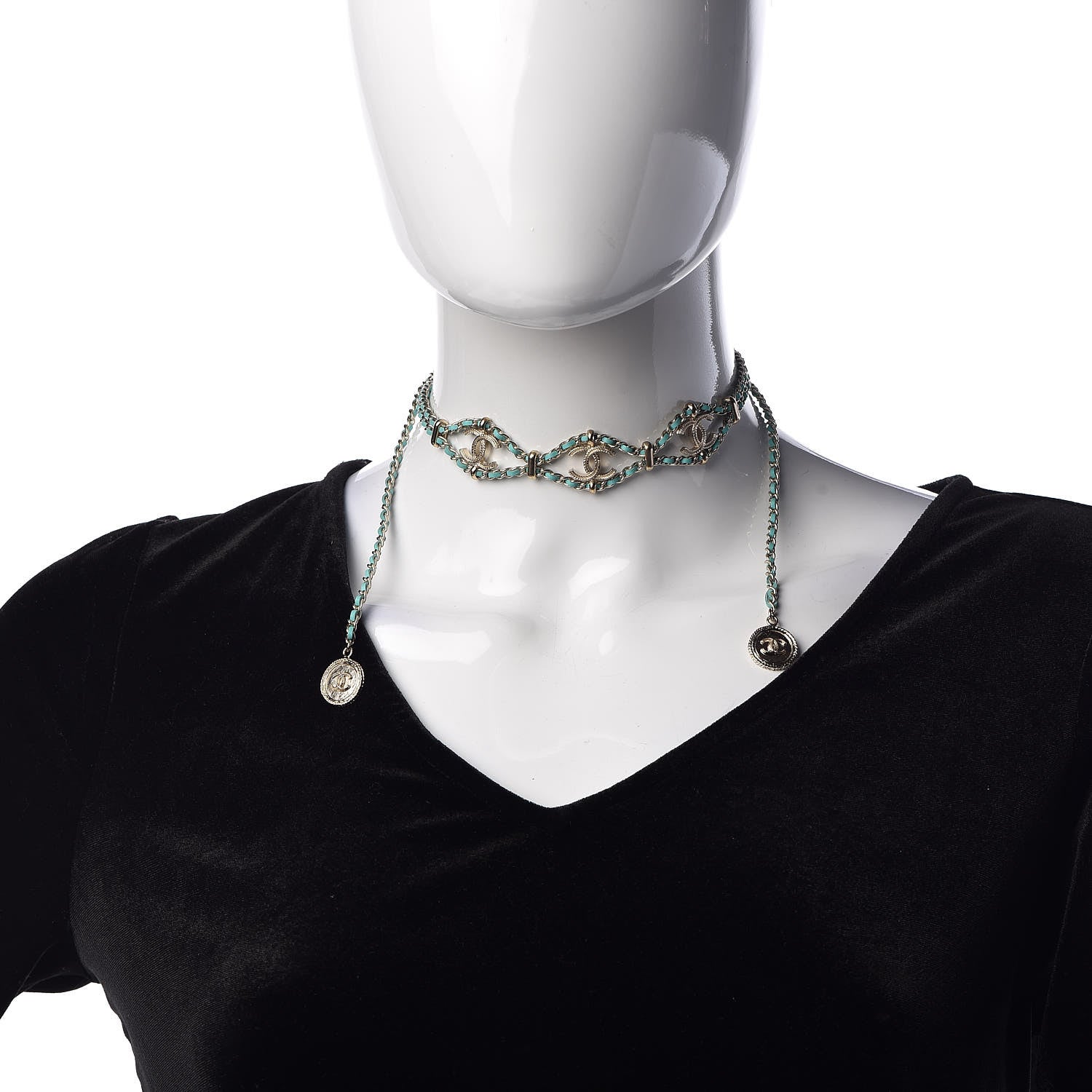 Chanel Metal Lambskin CC Chain Link Necklace Gold Turquoise 2 of 4