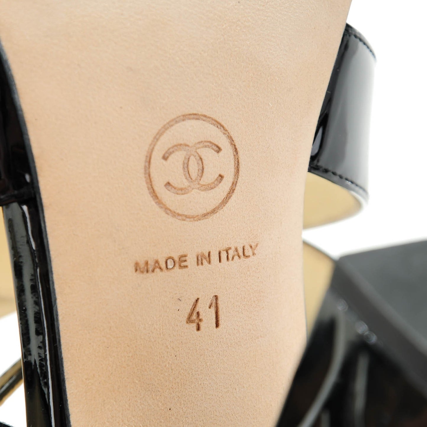 Patent Camellia Embossed Sandals 41 Black