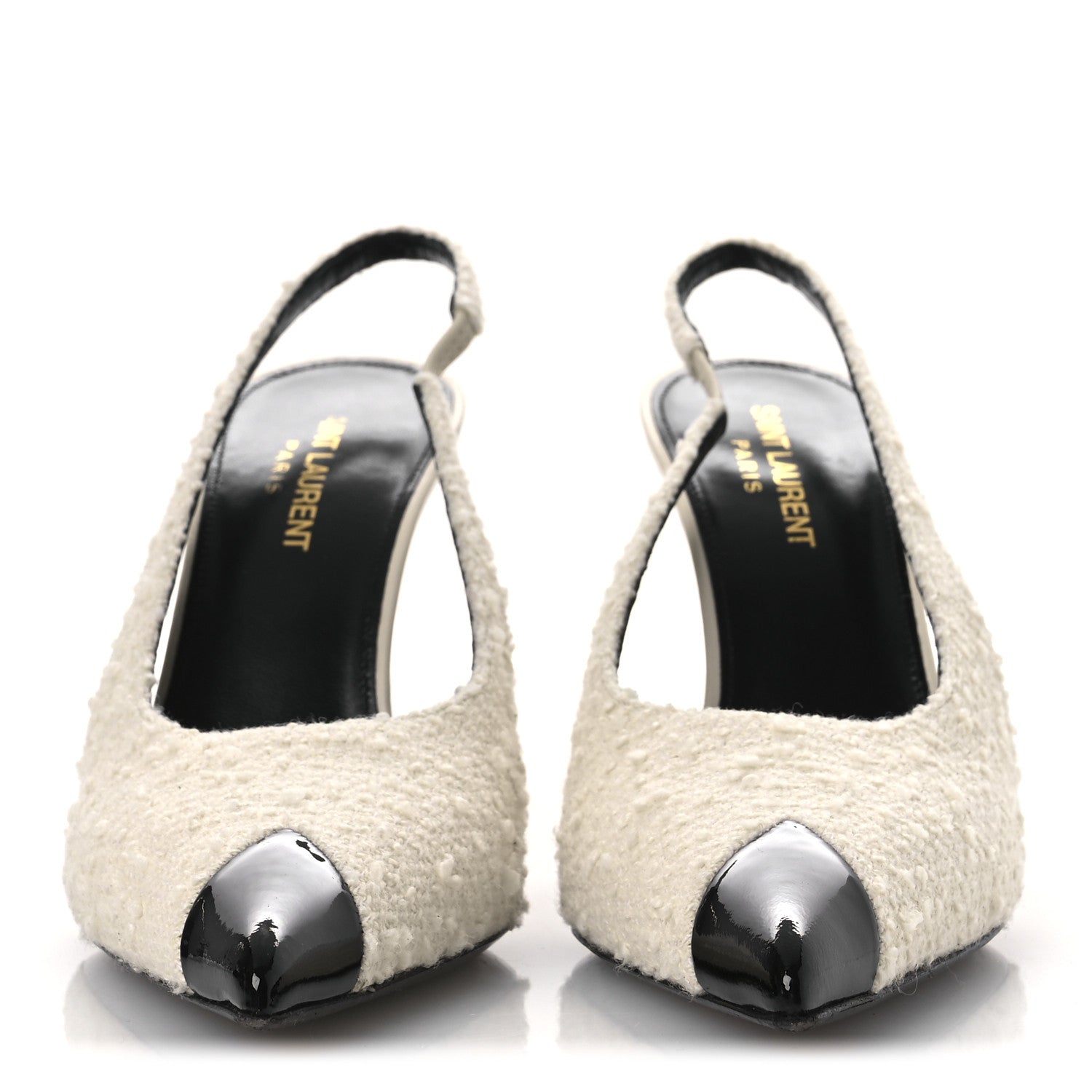 Saint Laurent Tweed Patent Cap Toe Vesper Slingback Pumps 37.5 White 3 of 11