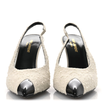 Saint Laurent Tweed Patent Cap Toe Vesper Slingback Pumps 37.5 White 3 of 11