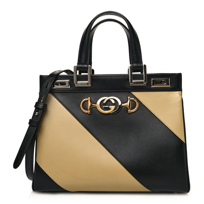 Gucci Smooth Calfskin Diagonal Striped Small Zumi Top Handle Bag Black Beige 1 of 13