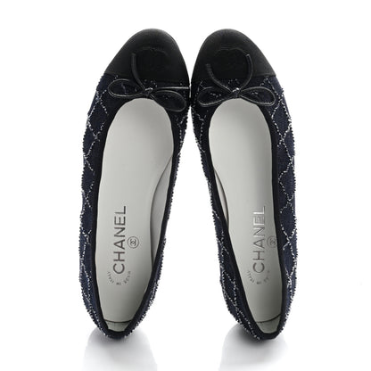 Chanel Denim Quilted Grosgrain Cap Toe Ballerina Flats 37 Dark Blue Black 2 of 9