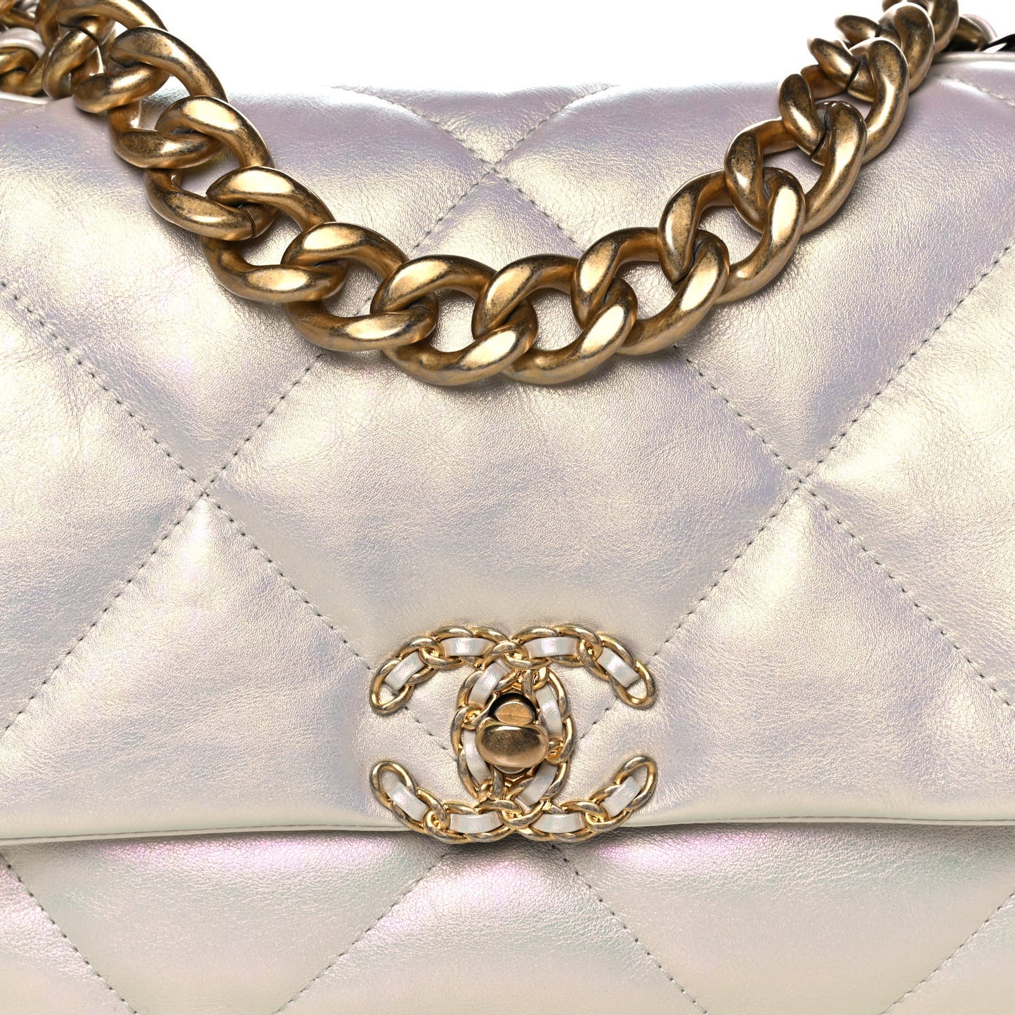 Iridescent Calfskin Quilted Large Chanel 19 Flap White