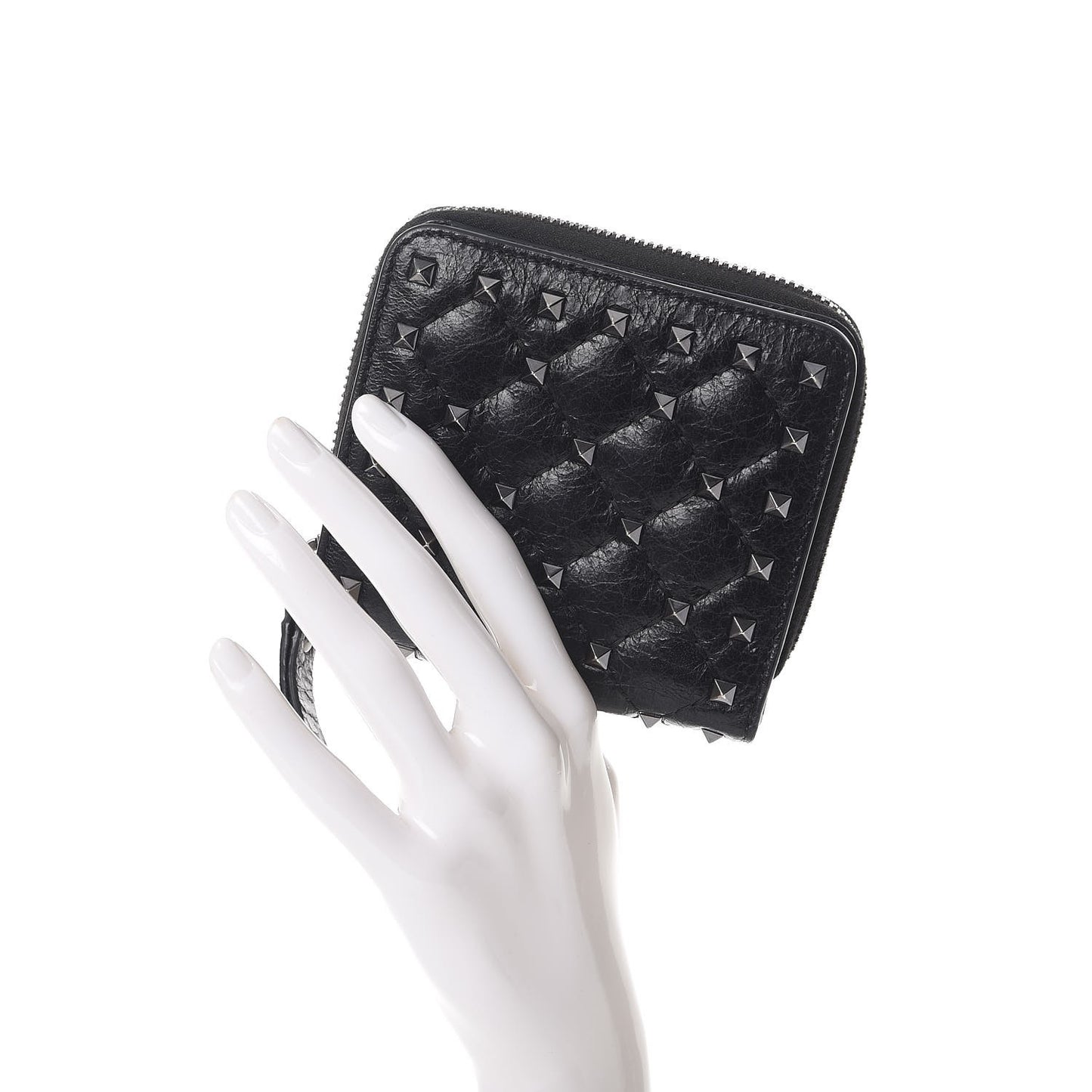 Craquele Nappa Rockstud Spike Compact Zip Around Wallet Black
