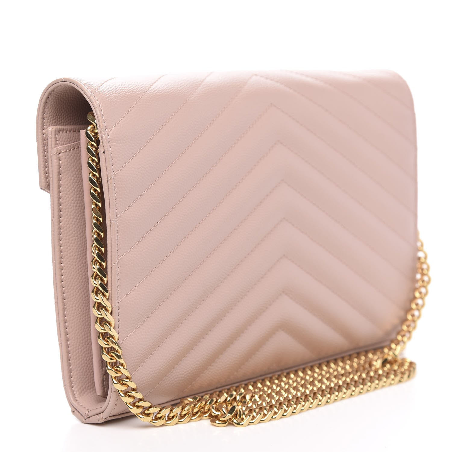 Saint Laurent Grain De Poudre Matelasse Chevron Monogram Chain Wallet Pale Blush 3 of 9