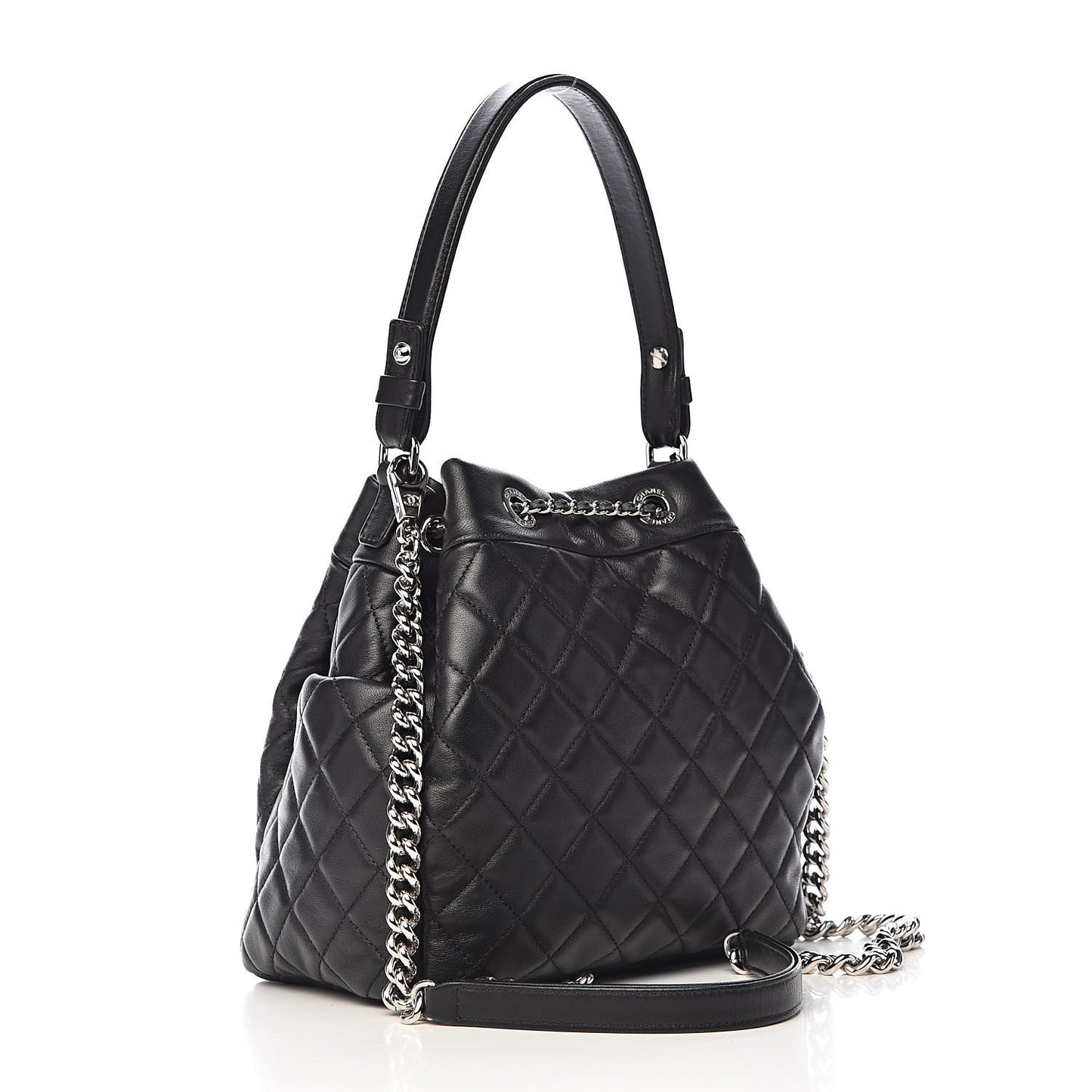 Lambskin Quilted CC Chain Drawstring Tote Black