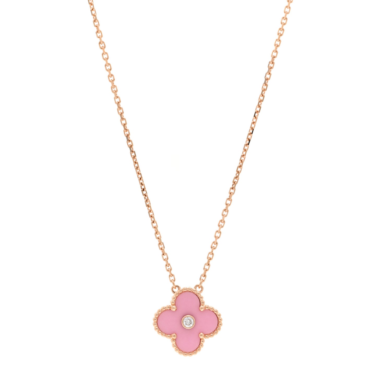 18K Rose Gold Diamond Pink Porcelain Vintage Alhambra Pendant Necklace