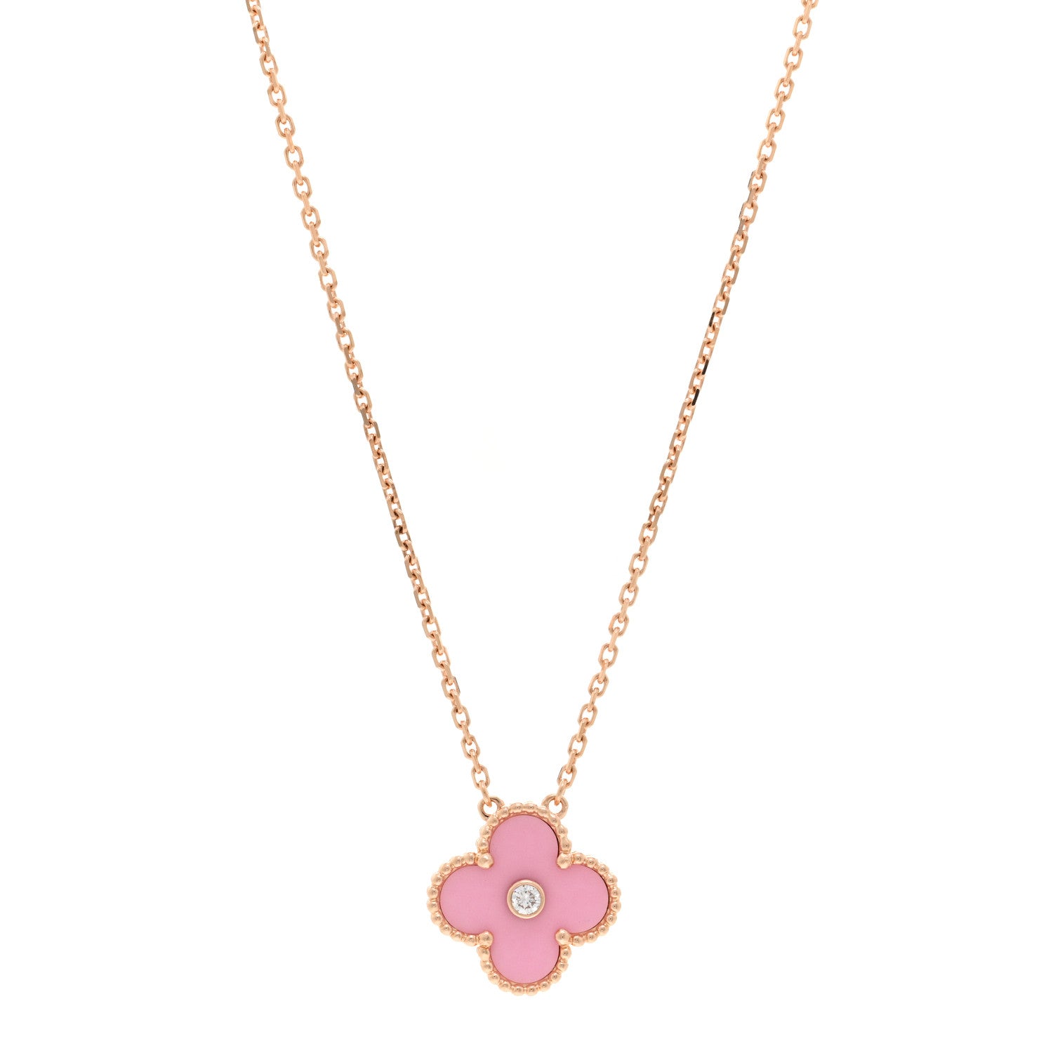 Van Cleef & Arpels 18K Rose Gold Diamond Pink Porcelain Vintage Alhambra Pendant Necklace 1 of 5