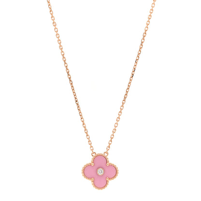 Van Cleef & Arpels 18K Rose Gold Diamond Pink Porcelain Vintage Alhambra Pendant Necklace 1 of 5