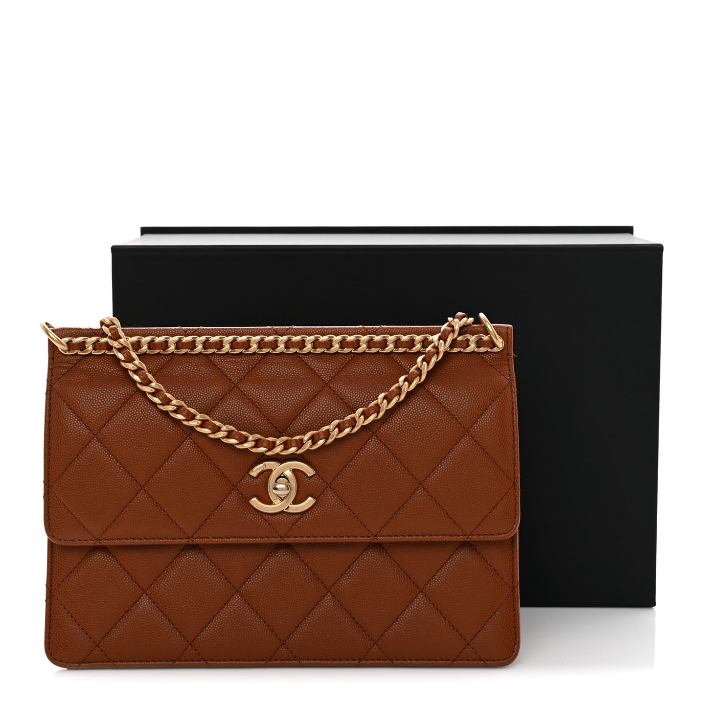 Caviar Quilted Chain Frame Flap Light Brown