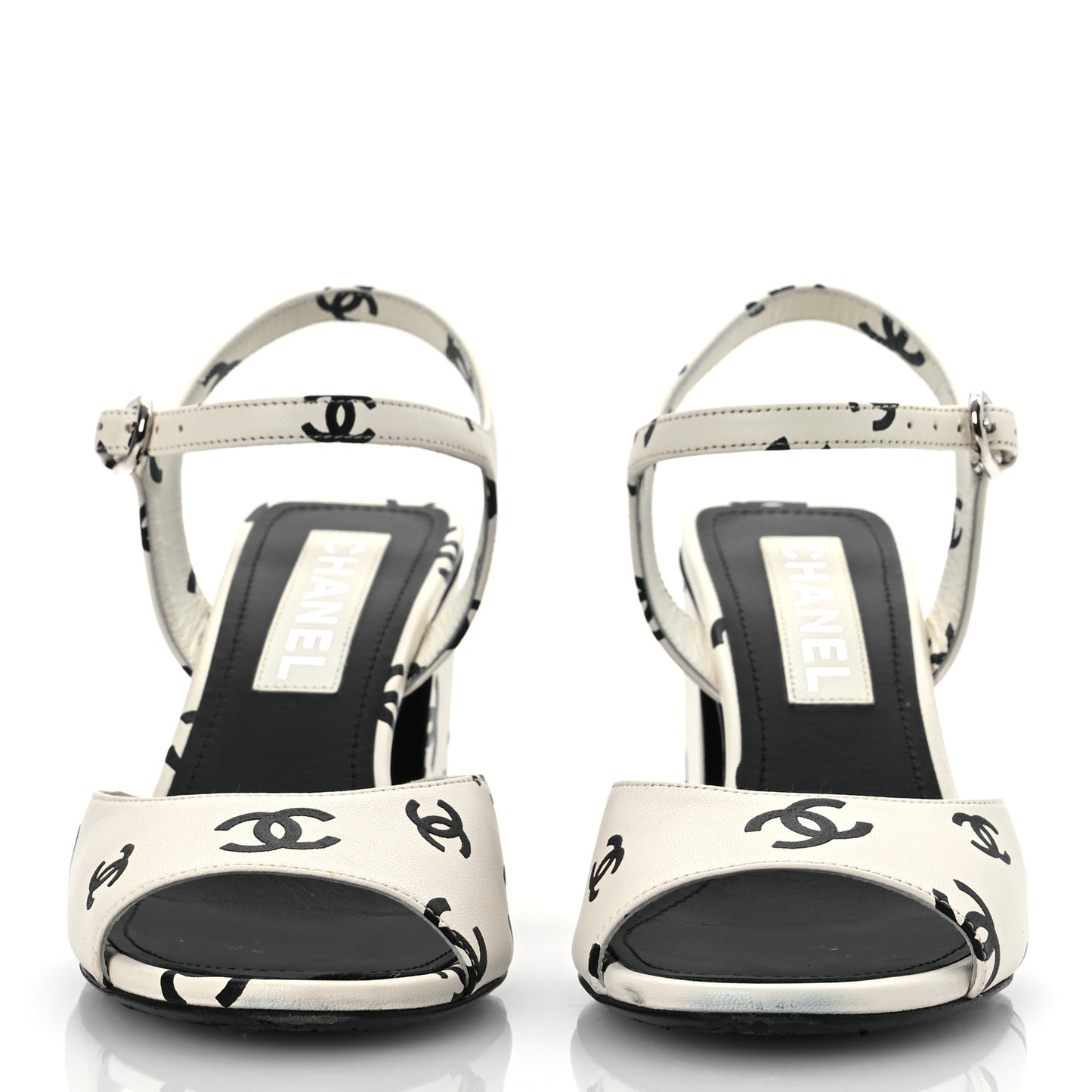 Printed Lambskin CC Sandals 37 White Black