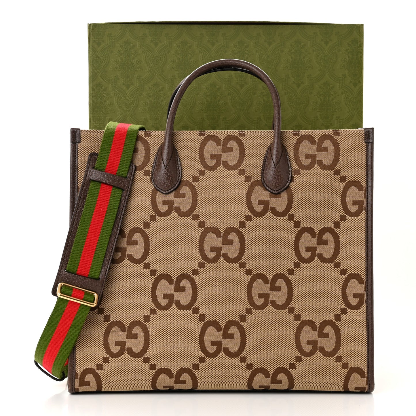 Monogram Jumbo GG Textured Dollar Calfskin Web Tote Bag Camel Ebony New Acero