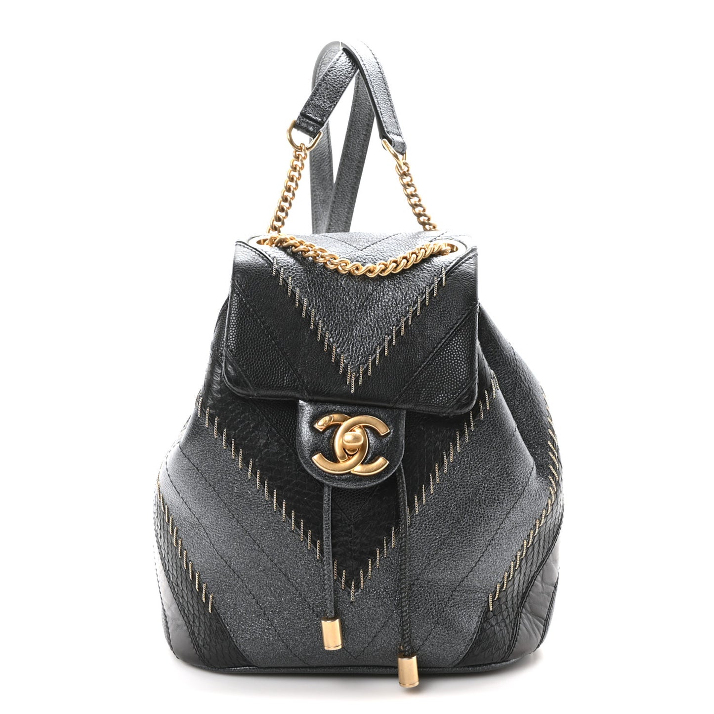 Metallic Calfskin Snakeskin Chevron Quilted Backpack Black Silver