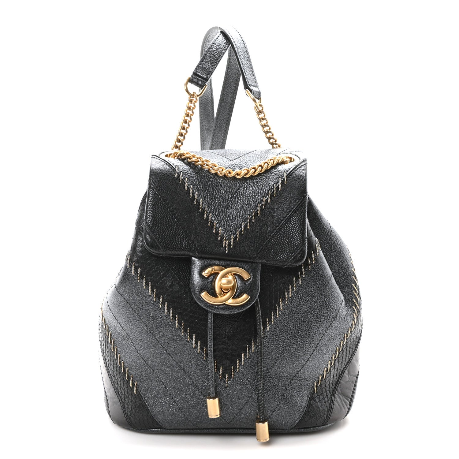 Chanel Metallic Calfskin Snakeskin Chevron Quilted Backpack Black Silver 1 of 11