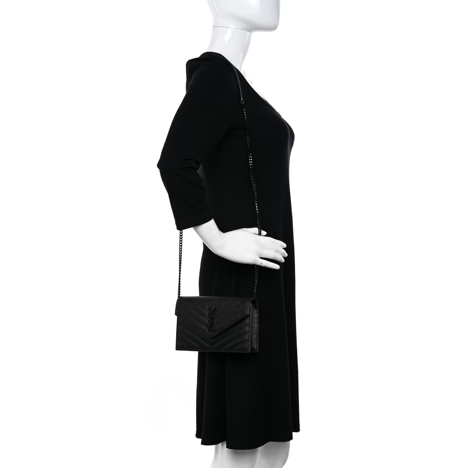 Saint Laurent Grain De Poudre Matelasse Chevron Monogram Monochrome Envelope Chain Wallet Black 2 of 10