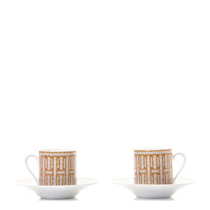 Hermes Porcelain Mosaique Au 24 Gold Coffee Cup and Saucer Set of 2 1 of 6