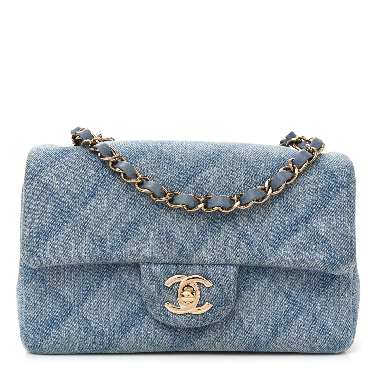 Printed Denim Quilted Mini Rectangular Flap Light Blue