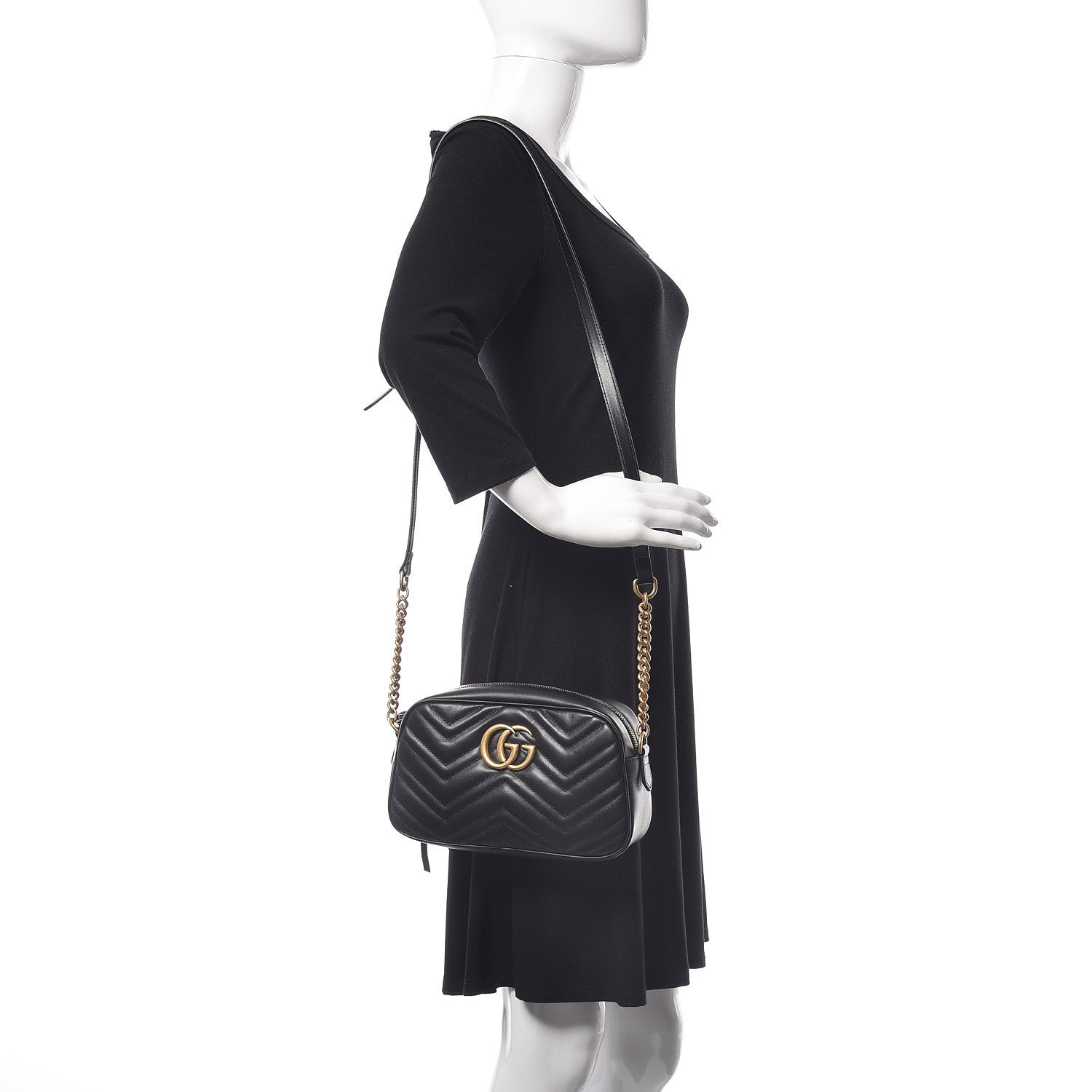 Gucci Calfskin Matelasse Small GG Marmont Chain Shoulder Bag Black 2 of 10